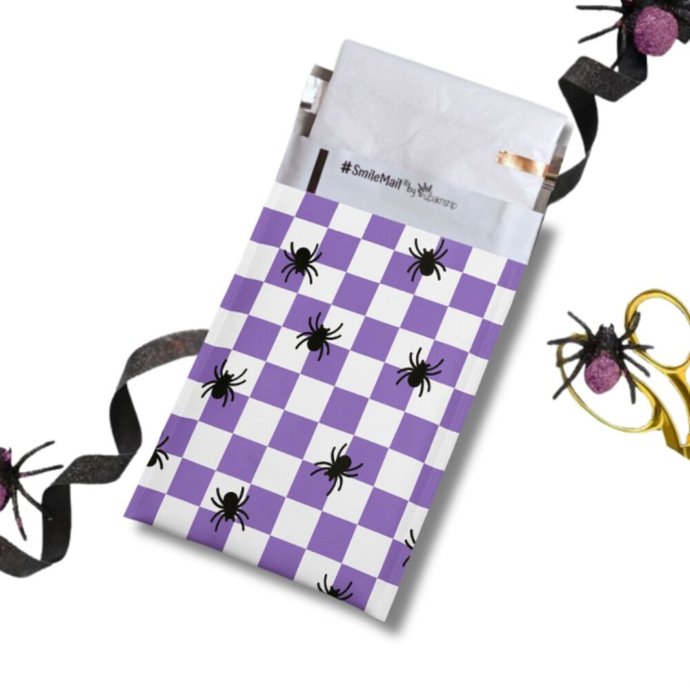 Spider Purple Check Polymailers for Halloween, 6"x9", Set of 25 - Picture 2 of 2